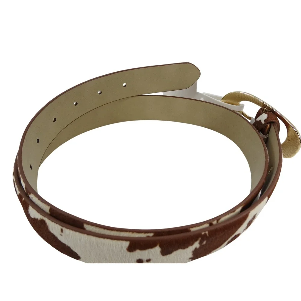 Rachel Zoe Belt Women Medium Brown White NEW Cowhide Hair-on-Hide Leather Gold